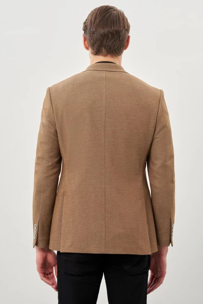Taba Düz Örme Mono Yaka Kelebek Astar Çift Yırtmaç 2 Düğme 6 Drop Slim Fit Classic Ceket 1002245133 - Resim 5