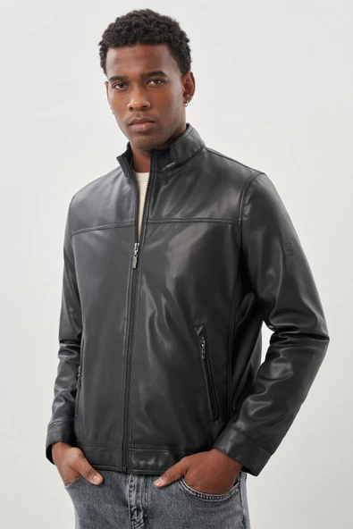 Siyah Suni Deri Hakim Yaka Düz Yırtmaçsız Tam Astar Slim Fit Casual Deri Mont 1038245151 - Resim 3