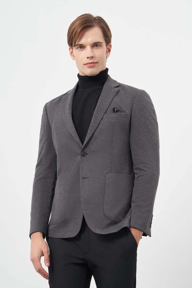 Siyah Kazayağı Desen Örme Mono Yaka 6 Drop Slim Fit Ceket 1002245150