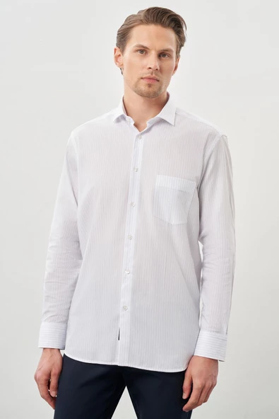 Beyaz Uzun Kol Desen İtalyan Yaka Cepli Pamuklu Classic Comfort Fit Gömlek 1004245185