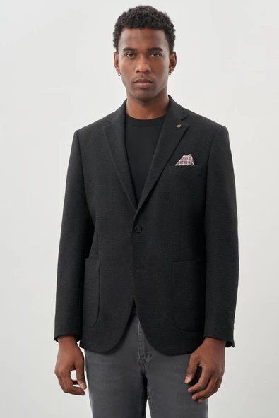 Koyu Antrasit Desenli Örme Mono Yaka Tam Astar Esnek 6 Drop Comfort Fit Casual Ceket 1002245163 - Resim 2