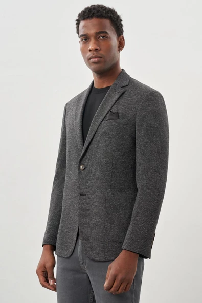 Siyah Desenli Örme Mono Yaka Astarsız Esnek 6 Drop Slim Fit Casual Ceket 1002245161 - Resim 3