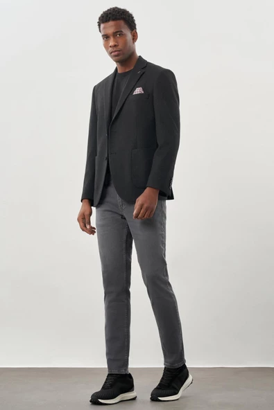 Koyu Antrasit Desenli Örme Mono Yaka Tam Astar Esnek 6 Drop Comfort Fit Casual Ceket 1002245163 - Resim 3