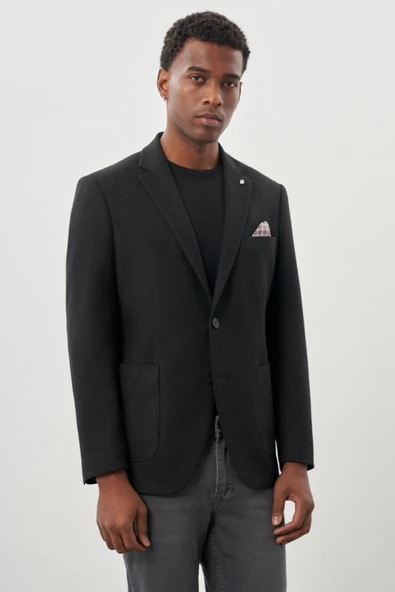 Koyu Antrasit Desenli Örme Mono Yaka Tam Astar Esnek 6 Drop Comfort Fit Casual Ceket 1002245163
