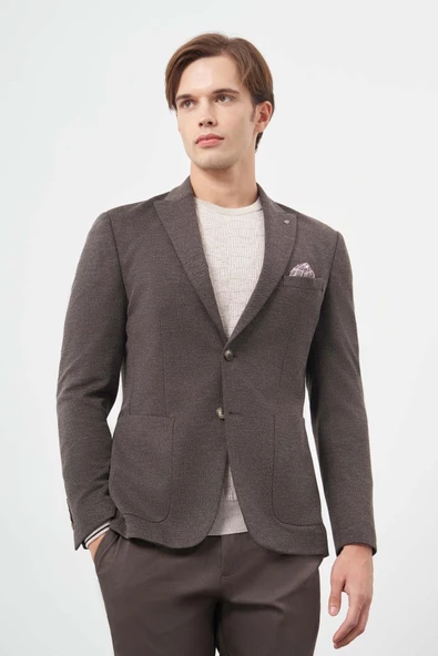 Koyu Kahverengi Örme Kılıç Yaka 6 Drop Slim Fit Ceket 1002245156