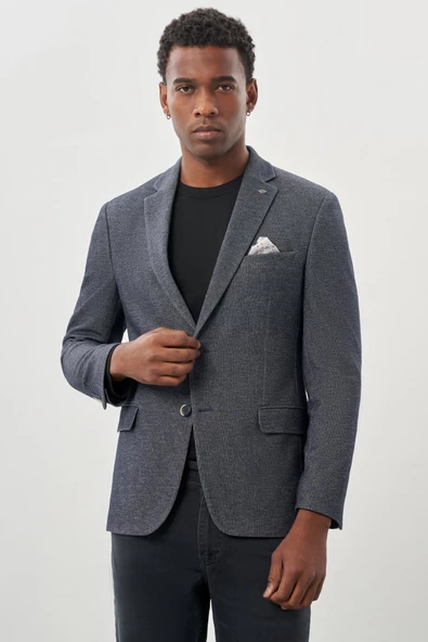 Koyu Lacivert Düz Örme Mono Yaka 6 Drop Slim Fit Classic Ceket 1002245133