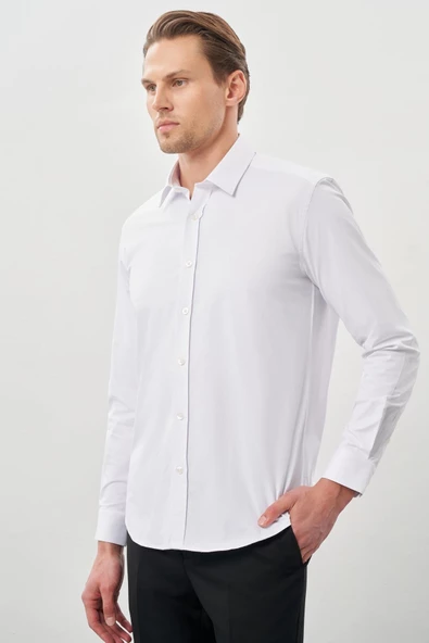 Beyaz Uzun Kollu Sert Yaka Cepsiz Pamuklu Likralı Klasik Slim Fit Dar Kesim Gömlek 1004245234 - Resim 3