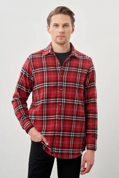 Bordo Yünlü Ekose Desen Yumuşak Yaka Cepsiz Uzun Kol Casual Comfort Fit Gömlek 1004245227