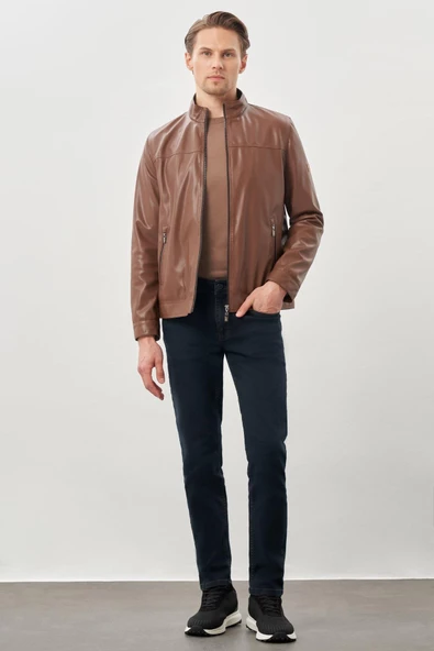 Koyu Kahverengi Suni Deri Hakim Yaka Düz Yırtmaçsız Tam Astar Slim Fit Casual Deri Mont 1038245151 - 2