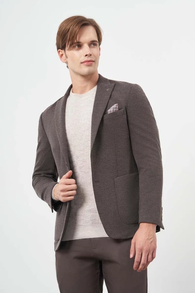 Koyu Kahverengi Örme Kılıç Yaka 6 Drop Slim Fit Ceket 1002245156 - Resim 3