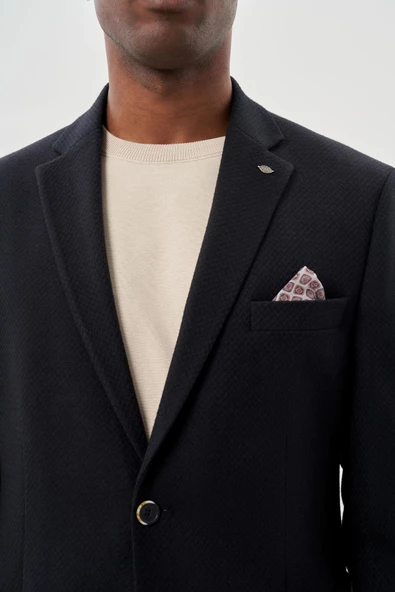 Koyu Lacivert Desenli Örme Mono Yaka Tam Astar Esnek 6 Drop Comfort Fit Casual Ceket 1002245163 - Resim 4