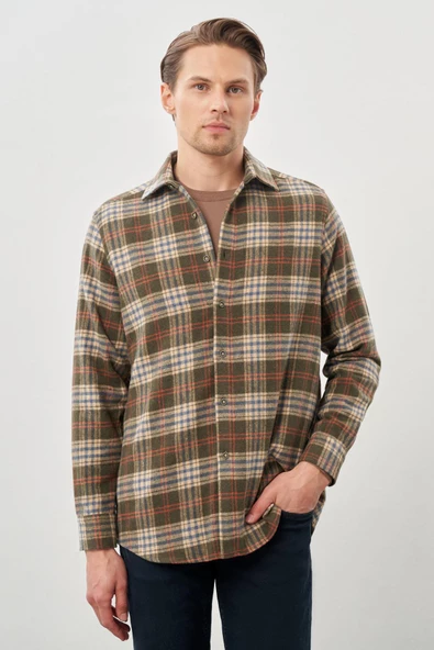 Siyah Yünlü Ekose Desen Yumuşak Yaka Cepsiz Uzun Kol Casual Comfort Fit Gömlek 1004245227 - 1