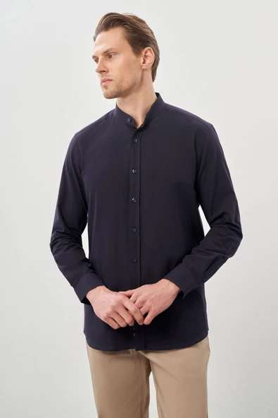 Lacivert Uzun Kol Düz Bez Ayağı Hakim Yaka Cepsiz Pamuk Casual Slim Fit Gömlek 1004245270_201 - Resim 3