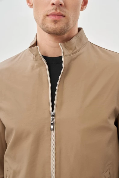 Bej Suni Deri Hakim Yaka Düz Yırtmaçsız Tam Astar Slim Fit Casual Deri Mont 1038245152 - Resim 4