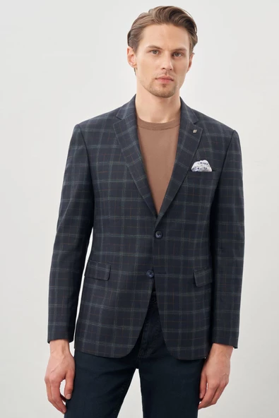 Koyu Lacivert Ekose Desen Mono Yaka Esnek 6 Drop Slim Fit Classic Ceket 1002245160 - 3