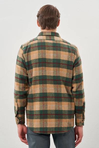 Camel Yünlü Ekose Desen Yumuşak Yaka Cepsiz Uzun Kol Casual Comfort Fit Gömlek 1004245227 - Resim 5