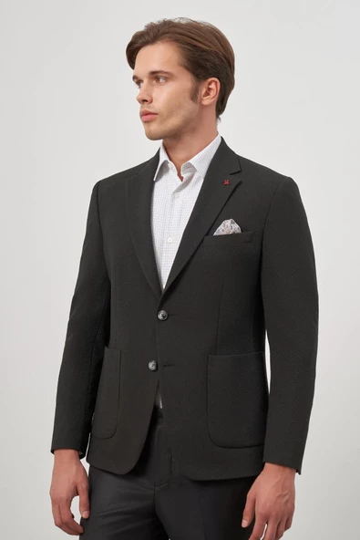 Siyah Gofreli Mono Yaka 6 Drop Slim Fit Classic Ceket 1002245158 - 4
