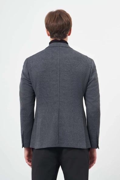 Koyu Lacivert Örme Mono Yaka 6 Drop Slim Fit Ceket 1002245152 - Resim 4