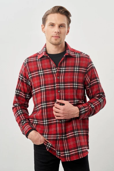 Bordo Yünlü Ekose Desen Yumuşak Yaka Cepsiz Uzun Kol Casual Comfort Fit Gömlek 1004245227 - Resim 3