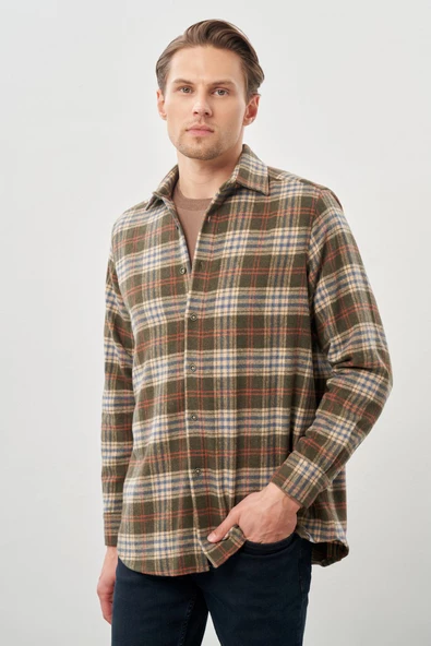 Siyah Yünlü Ekose Desen Yumuşak Yaka Cepsiz Uzun Kol Casual Comfort Fit Gömlek 1004245227 - 5
