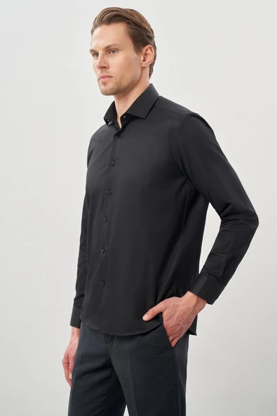 Siyah Uzun Kol Düz Bez Ayağı Yarım İtalyan Yaka Cepsiz Pamuklu Classic Slim Fit Gömlek 1004245268 - Resim 3