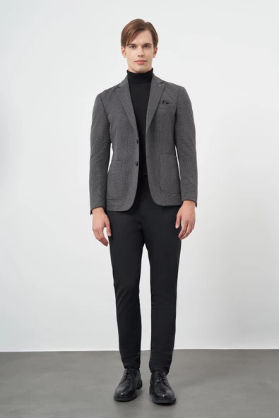 Siyah Kazayağı Desen Örme Mono Yaka 6 Drop Slim Fit Ceket 1002245150 - Resim 2