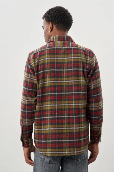 Koyu Yeşil Yünlü Ekose Desen Yumuşak Yaka Cepsiz Uzun Kol Casual Comfort Fit Gömlek 1004245227 - 5