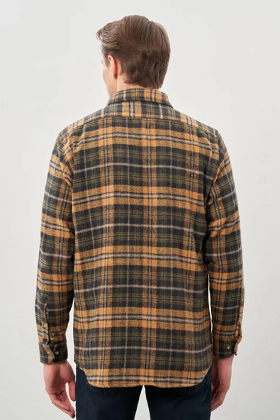 Hardal Yünlü Ekose Desen Yumuşak Yaka Cepsiz Uzun Kol Casual Comfort Fit Gömlek 1004245227 - Resim 5