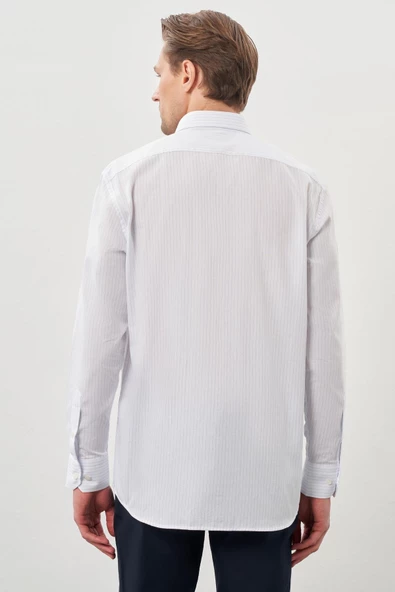 Beyaz Uzun Kol Desen İtalyan Yaka Cepli Pamuklu Classic Comfort Fit Gömlek 1004245185 - Resim 5