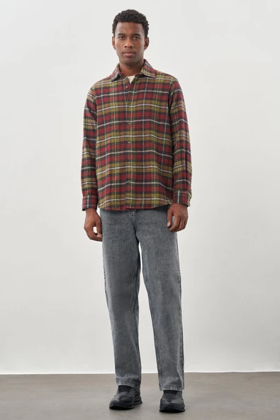 Koyu Yeşil Yünlü Ekose Desen Yumuşak Yaka Cepsiz Uzun Kol Casual Comfort Fit Gömlek 1004245227 - 2