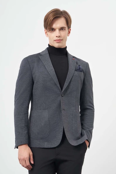 Koyu Lacivert Örme Mono Yaka 6 Drop Slim Fit Ceket 1002245152