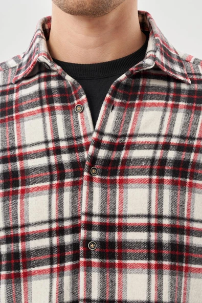 Siyah Yünlü Ekose Desen Yumuşak Yaka Cepsiz Uzun Kol Casual Comfort Fit Gömlek 1004245227 - Resim 4