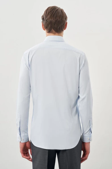 Koyu Mavi Uzun Kol Düz Bez Ayağı Sert Yaka Cepsiz Esnek Classic Slim Fit Gömlek 1004245223_300 - 5