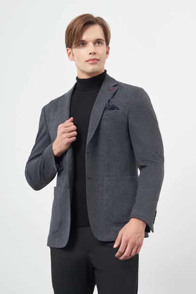 Koyu Lacivert Örme Mono Yaka 6 Drop Slim Fit Ceket 1002245152 - Resim 3