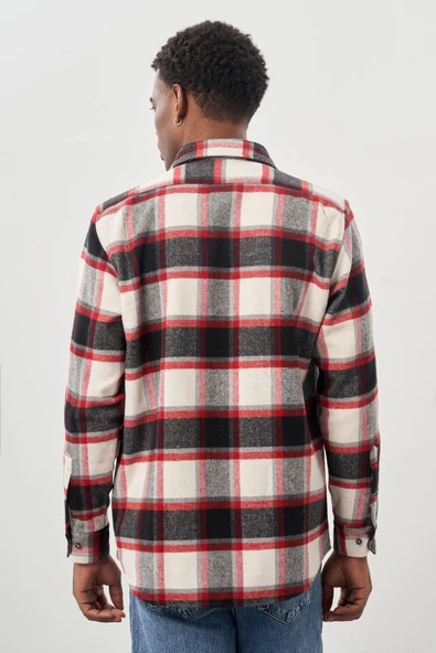 Lacivert Yünlü Ekose Desen Yumuşak Yaka Cepsiz Uzun Kol Casual Comfort Fit Gömlek 1004245227 - 5