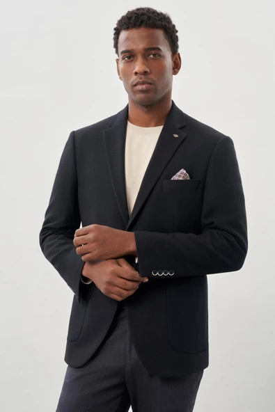 Koyu Lacivert Desenli Örme Mono Yaka Tam Astar Esnek 6 Drop Comfort Fit Casual Ceket 1002245163 - Resim 3