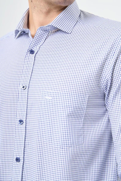 Beyaz Uzun Kol Kareli Desen Yarım İtalyan Yaka Cepli Pamuklu Classic Comfort Fit Gömlek 1004245200 - Resim 4