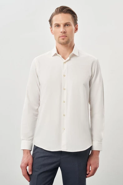 Açık Krem Uzun Kol Düz Yarım İtalyan Yaka Cepsiz Pamuklu Classic Slim Fit Gömlek 1004245268
