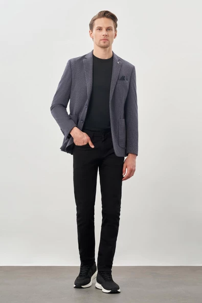 Koyu Lacivert Kazayağı Desen Örme Mono Yaka 2 Düğme 6 Drop Slim Fit Classic Ceket 1002245166_200 - Resim 2