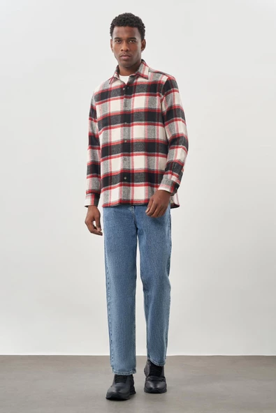 Lacivert Yünlü Ekose Desen Yumuşak Yaka Cepsiz Uzun Kol Casual Comfort Fit Gömlek 1004245227 - 2