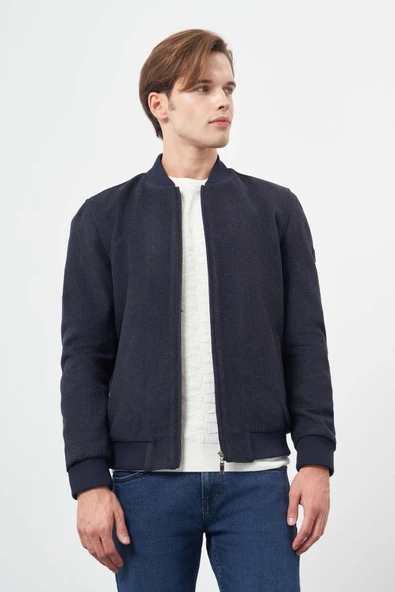 Koyu Lacivert Kaşe Kolej Yaka Kendinden Desenli Comfort Fit Classic Mont 1007245162