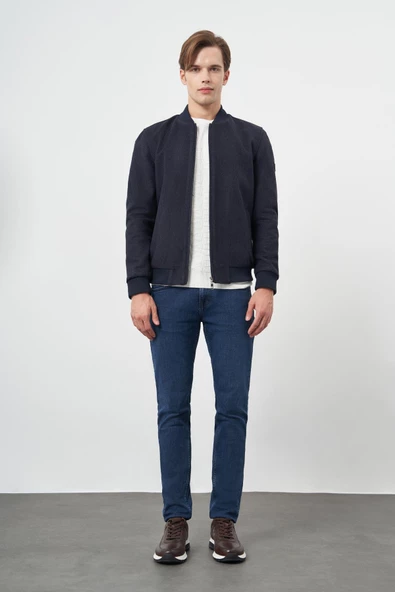 Koyu Lacivert Kaşe Kolej Yaka Kendinden Desenli Comfort Fit Classic Mont 1007245162 - 2