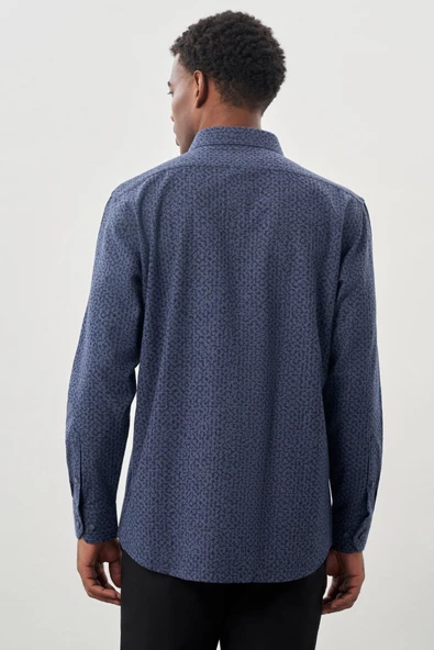 Koyu Lacivert Uzun Kol Cepli Pamuklu Classic Comfort Fit Gömlek 1004245215 - Resim 5