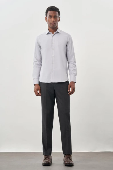Gri Uzun Kol Armürlü Sert Yaka Cepsiz Pamuklu Classic Slim Fit Gömlek 1004245226 - Resim 2