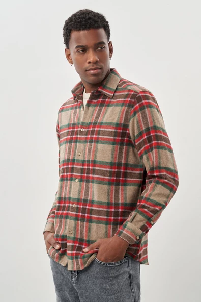 Mürdüm Yünlü Ekose Desen Yumuşak Yaka Cepsiz Uzun Kol Casual Comfort Fit Gömlek 1004245227 - Resim 3