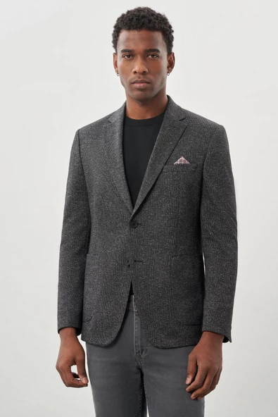 Siyah Desenli Örme Mono Yaka Astarsız Esnek 6 Drop Slim Fit Casual Ceket 1002245159