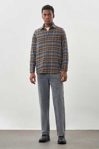 Lacivert Yünlü Ekose Desen Yumuşak Yaka Cepsiz Uzun Kol Casual Comfort Fit Gömlek 1004245227 - Resim 2