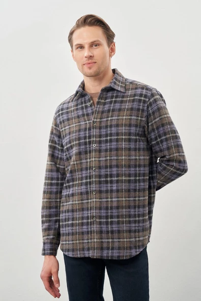 Koyu Antrasit Yünlü Ekose Desen Yumuşak Yaka Cepsiz Uzun Kol Casual Comfort Fit Gömlek 1004245227 - 3