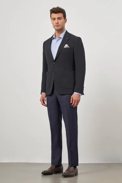 Koyu Lacivert Gofreli Mono Yaka 6 Drop Slim Fit Classic Ceket 1002245158 - Resim 4