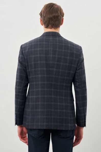 Koyu Lacivert Ekose Desen Mono Yaka Esnek 6 Drop Slim Fit Classic Ceket 1002245160 - 5